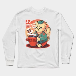 Kit-tea- Cute japanese cat drinking tea Long Sleeve T-Shirt